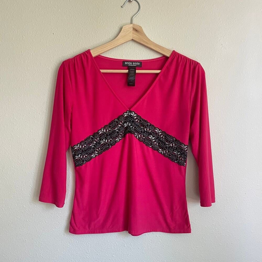 Y2K Hot Pink Lace Long Sleeve Top | Vintage 2000's | Bisou Bisou | Size Large